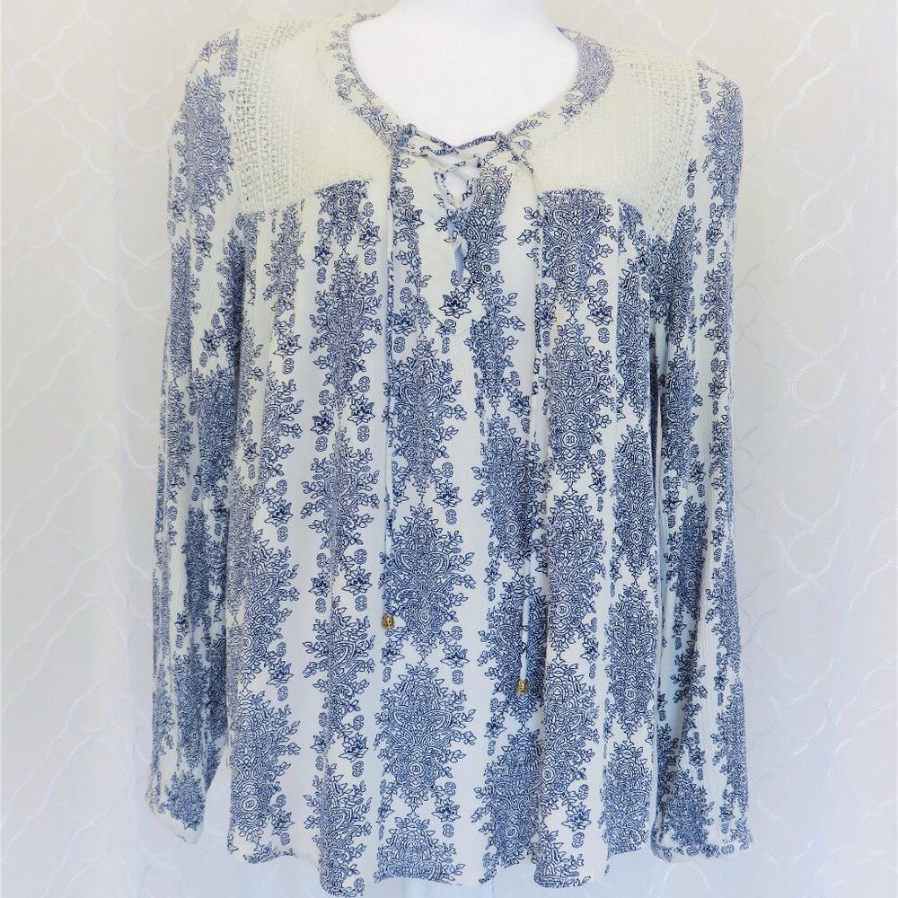 Blue and White Blouse Top Shirt with Wedgwood Style Pattern...726